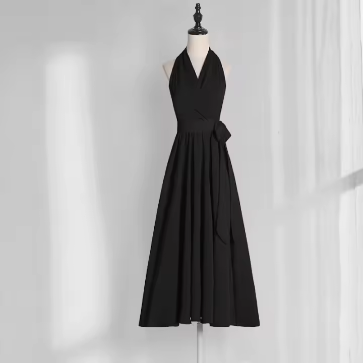 Vestido largo francés de alta gama de verano con cuello rojo, vestido estilo hada Hepburn RQ - 1