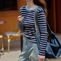 Nuevas mujeres de primavera otoño jerseys empalmados cuello redondo moda a rayas suelta versátil minimalista Casual Top de punto de manga larga - details 2