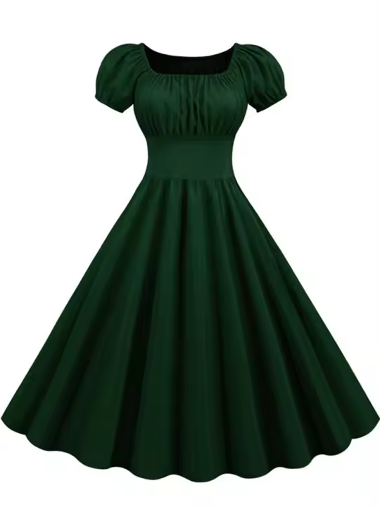 Vestido midi elegante liso de fiesta vintage informal con mangas abullonadas de verano para mujer - 1