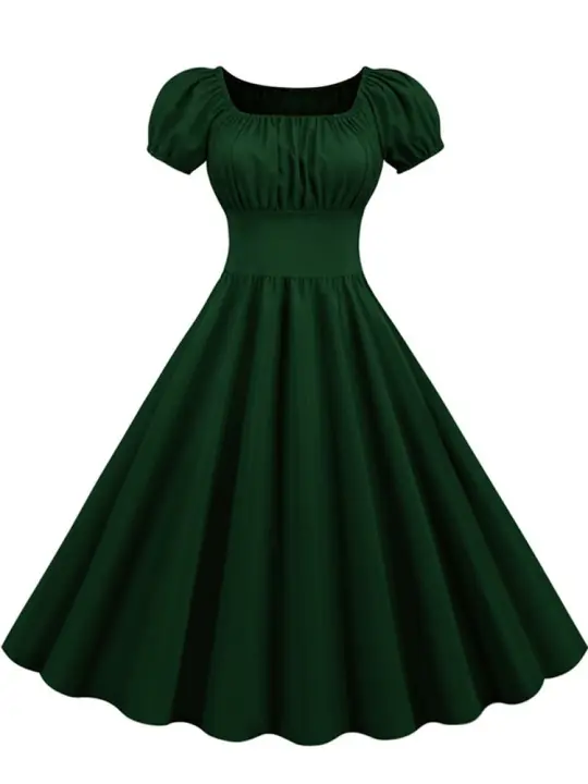 Vestido midi elegante liso de fiesta vintage informal con mangas abullonadas de verano para mujer - 1