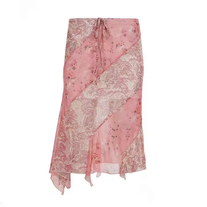 BUNO-Falda acampanada de cintura baja con dobladillo irregular de malla rosa estilo retro de vacaciones para chica picante - 1
