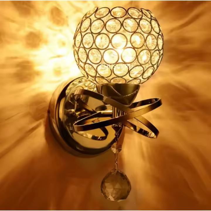 Candelabro de pared de cristal E27, lámpara de cabecera de dormitorio Simple y creativa, luces doradas/Plateadas para dormitorio - 1