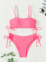 Bikini negro liso para mujer, traje de baño de dos piezas con Tanga de cintura alta y ribetes, 2024 - details 18