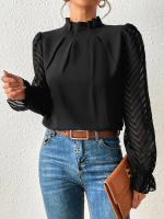 Jersey elegante de Cuello medio alto para mujer, de Color sólido Camisa de gasa, blusa de manga larga con volantes ondulados, Tops sueltos informales para mujer, novedad - details 6