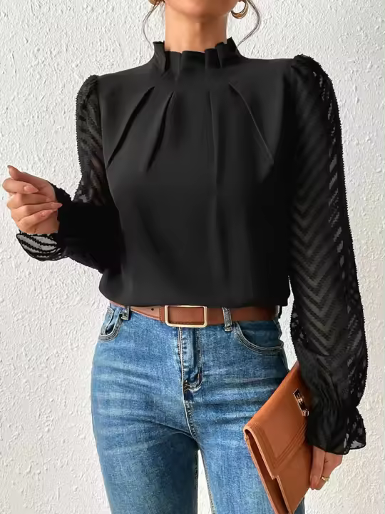 Jersey elegante de Cuello medio alto para mujer, de Color sólido Camisa de gasa, blusa de manga larga con volantes ondulados, Tops sueltos informales para mujer, novedad - 1