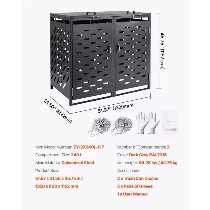 SucceBuy Almacenamiento de botes de basura, cobertizo de almacenamiento para exteriores, gabinete de almacenamiento horizontal impermeable con tapa de cadena - 1
