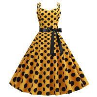 Vestido midi retro de fiesta con estampado de lunares, tirantes finos y cinturón para mujer - details 16