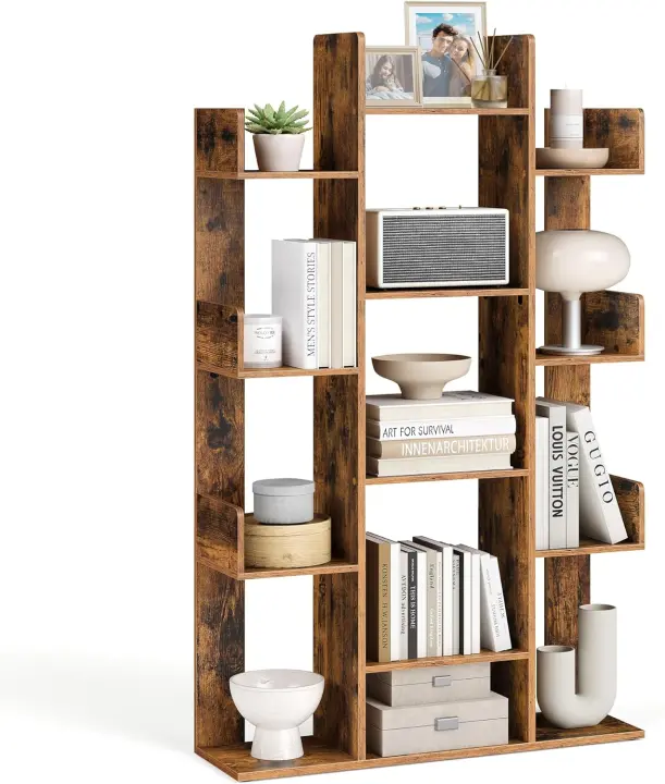 Librería en Forma de Árbol, Estantería con 13 Compartimentos, Armario de Almacenamiento, 86 x 25 x 140 cm, con Esquinas y Bordes Redondeados, Marrón Rústico LBC67BXV1 - 1