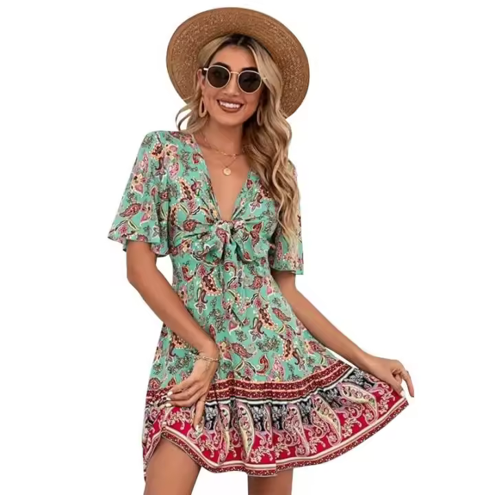Falda Mini Casual con Estampado Elegante Corte A-Línea, Tirante Grande, Cintura de Encaje Bohemio, Mangas Abullonadas, Venta de Liquidación Asequible - 1