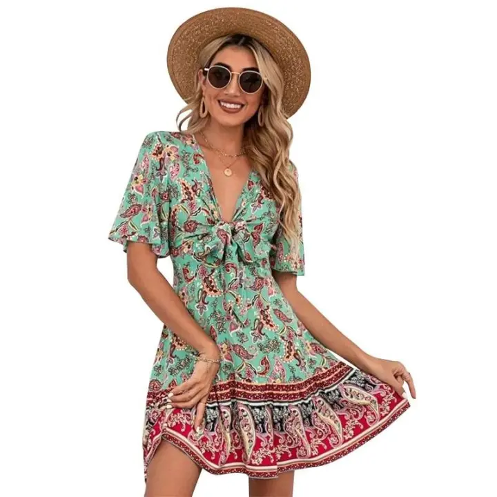 Falda Mini Casual con Estampado Elegante Corte A-Línea, Tirante Grande, Cintura de Encaje Bohemio, Mangas Abullonadas, Venta de Liquidación Asequible - 1