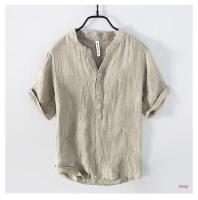 Camiseta de lino puro de manga corta para hombre, camiseta holgada de estilo chino de verano con cuello en V fino, camiseta informal Vintage de lino de media manga - details 4