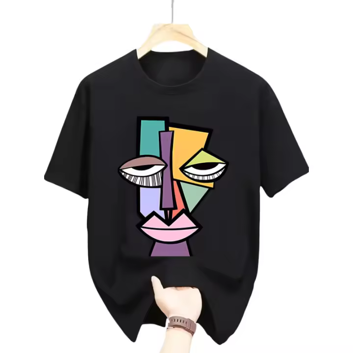 Camiseta gráfica de moda de verano para hombre: camiseta informal de manga corta con diseño de cara abstracta moderna, 100% poliéster, lavable a máquina, estampado de letras - 1