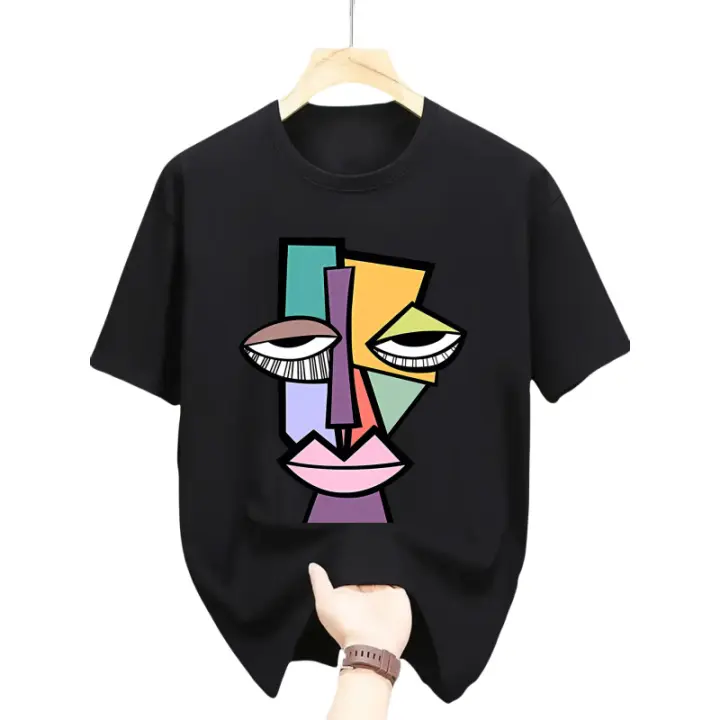 Camiseta gráfica de moda de verano para hombre: camiseta informal de manga corta con diseño de cara abstracta moderna, 100% poliéster, lavable a máquina, estampado de letras - 1