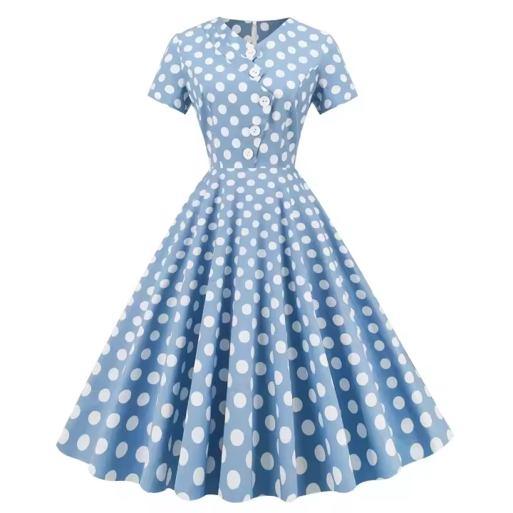 Vestido de Verano Retro Hepburn 2025 Cuello en V, Manga Corta, Botón Frontal, Vestido Midi de Algodón con Puntos Vintage para Mujeres - 1