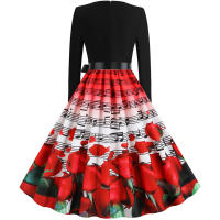 Women plaid print long sleeve vintage a line party dress v neck - details 87