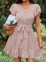 Vestido de manga corta con cuello en V y lazo floral de cintura alta estilo francés de verano para mujer - details 1