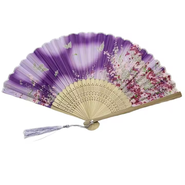 Elegante abanico de mano con tema de princesa mariposa morada con borla, accesorio de danza artesanal tradicional, abanico plegable decorativo para actuación y accesorio de disfraz - 1