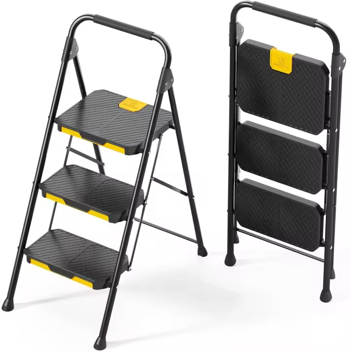 Escalera de Acero Plegable de 3 Peldaños con Seguridad Bloqueada Carga hasta 360kg - 1