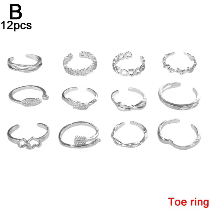 Anillos de dedo descalzos abiertos geométricos para mujer, joyería de moda para pie, pierna, playa, corazón, pluma, 12 unidades por juego - 1