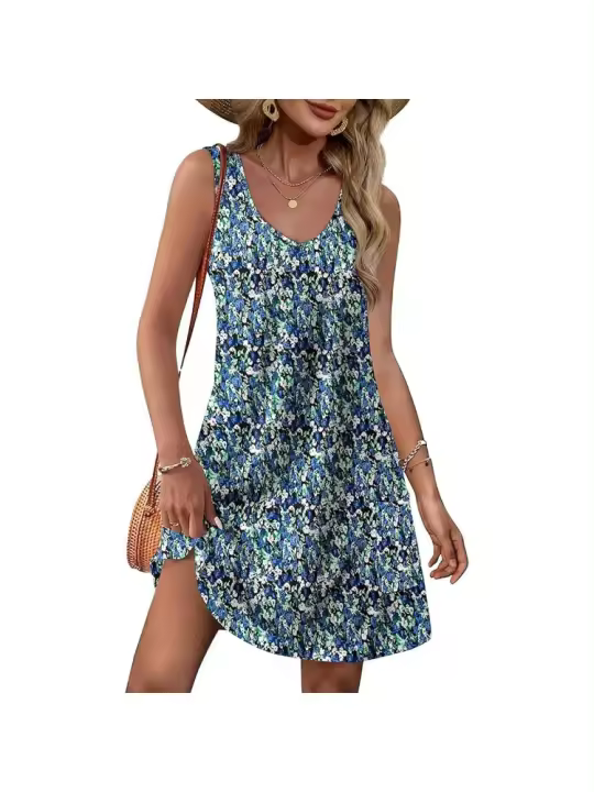 Vestido Mujer Verano Sin Mangas Vestidos de Playa Cuello en V Elegante Estampado Tanque Mini Casual Camisola con Bolsos - 1