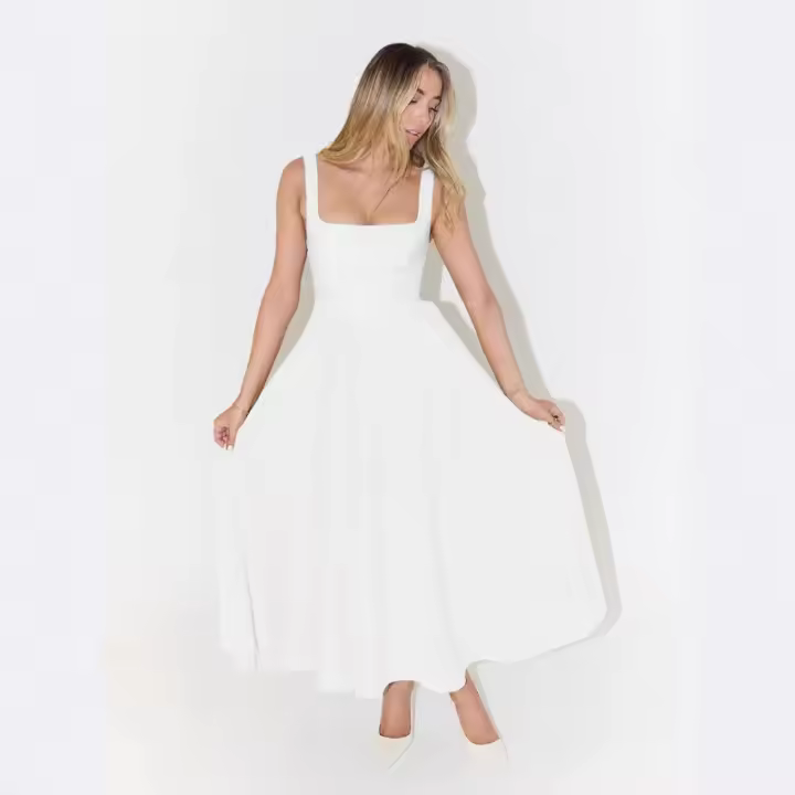 Primavera y verano nuevo vestido halter sin mangas con cuello cuadrado de color sólido - 1