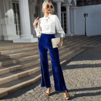 Pantalones de collage de terciopelo dorado para mujer, micro-acampanados, de gran altura - details 4