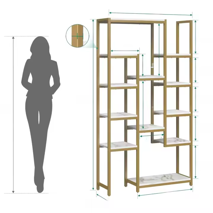 Estantería Dorada de 6 Niveles Moderna de 71 Pulgadas con 12 Estantes Almacenamiento de Mármol Sintético para Sala de Estar, Dormitorio - 1