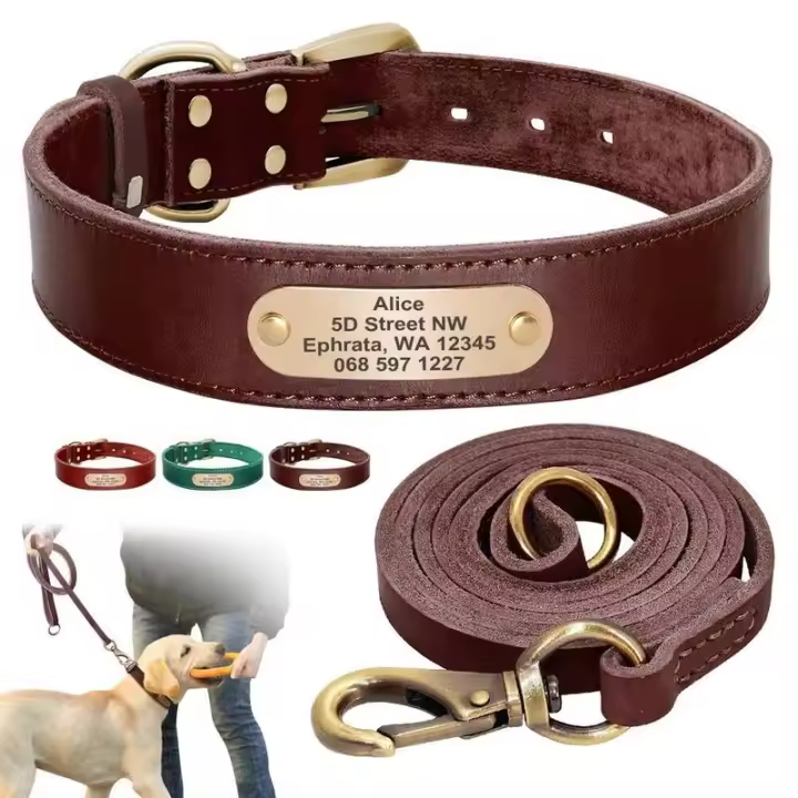 Juego auténtico perros, collares personalizados de cuero genuino mascotas, correas personalizadas para perros pequeños, medianos - 1