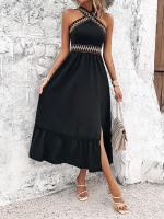 Vestido casual de verano sin mangas para mujer, sin espalda, bohemio, con abertura en la playa, negro - details 2