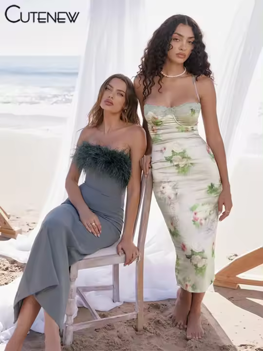 Elegante vestido retro con estampado floral y tirantes abiertos y seda - 1