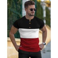 Camiseta deportiva informal de manga corta de verano para hombre, con costuras tricolores y cuello en V con muescas, estilo Henry - details 21