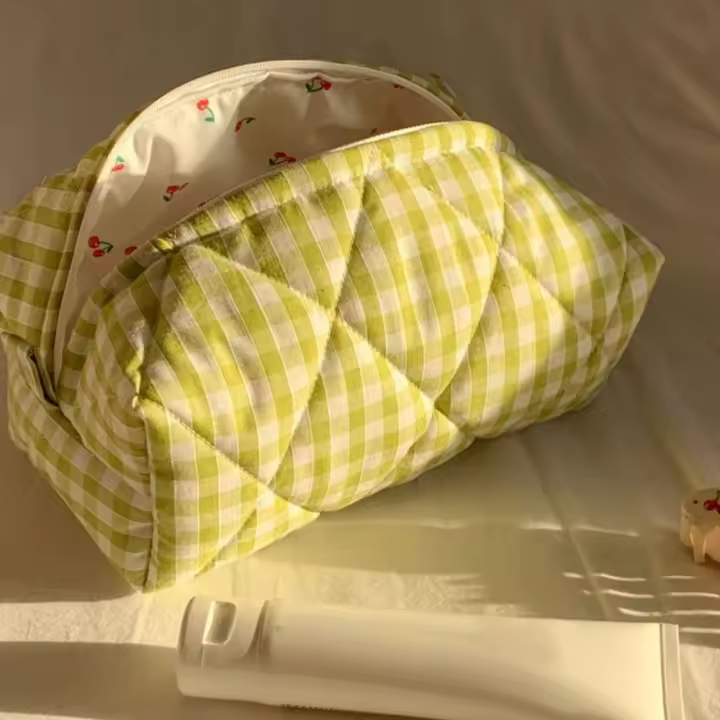 Bolsa de maquillaje acolchada de algodón a cuadros, bolso de cuidado de la piel de gran capacidad con cremallera, bolsa de almacenamiento de cosméticos de viaje - 1