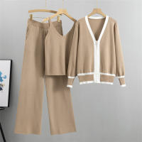 Nuevo En 2023 Conjunto De Moda Para Mujer 3 Piezas Vest Top + Chaqueta De Cremallera Larga + Pantalones Con Cintura Elástica Traje De Pista Tejido - details 0