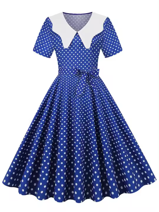 Vestido midi elegante informal para mujer con lunares, cuello Peter Pan, cintura alta y corte en A - 1