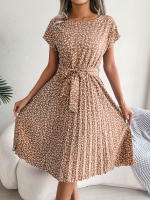Spring Summer Women Short Sleeve Pleated Long Dress Elegant High Waist Floral Fashion A-line Dress - details 26