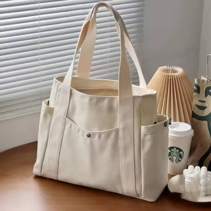 Bolsa de lona de gran capacidad para mujeres Múltiples bolsillos exteriores con cremallera Bolsa de hombro Bolso de estudiante Compras - 1