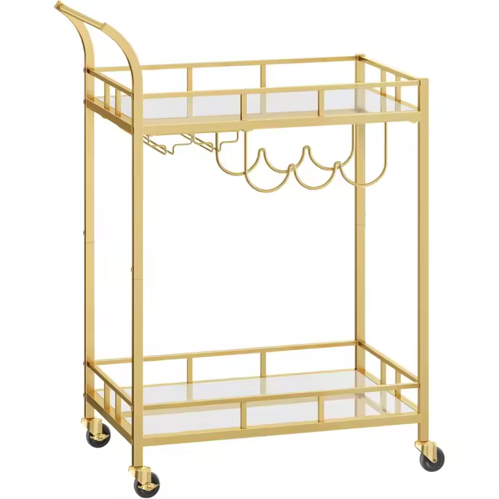 Carro de Bebidas Dorado, Carrito de Bar, Carro de Servir con 2 Estantes de Espejo, Portavinos, Portavasos, para Bar de Casa, Cocina, Comedor, Dorado LRC092A62 - 1