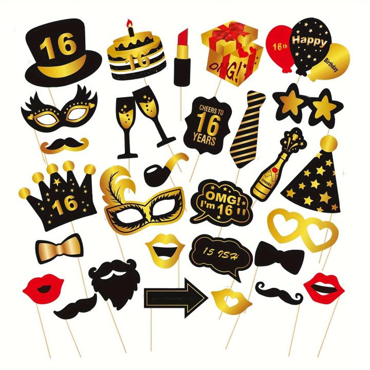 30pcs Accesorios De Fiesta De Cumpleaños Universal En Negro Y Oro Fotografía Decoración De Fiesta De Cumpleaños Propiedades Fotográficas