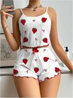 Conjunto estampado de amor de fresa europeo y americano, conjunto de pantalones cortos con tirantes para mujer, conjunto de dos piezas, dulce y lindo - details 3