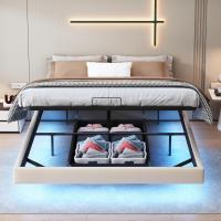 sin cabecero, cama doble con iluminación LED, estructura de cama con somier de láminas y marco de metal, marco de cama flotante, cama de almacenamiento con espacio de - details 6