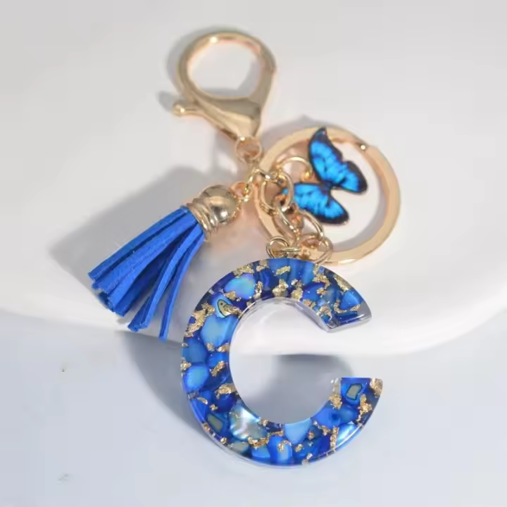 Llavero de Alfabeto de Piedra Pulida Azul Colgante de Borla de Mariposa 26 Iniciales - 1