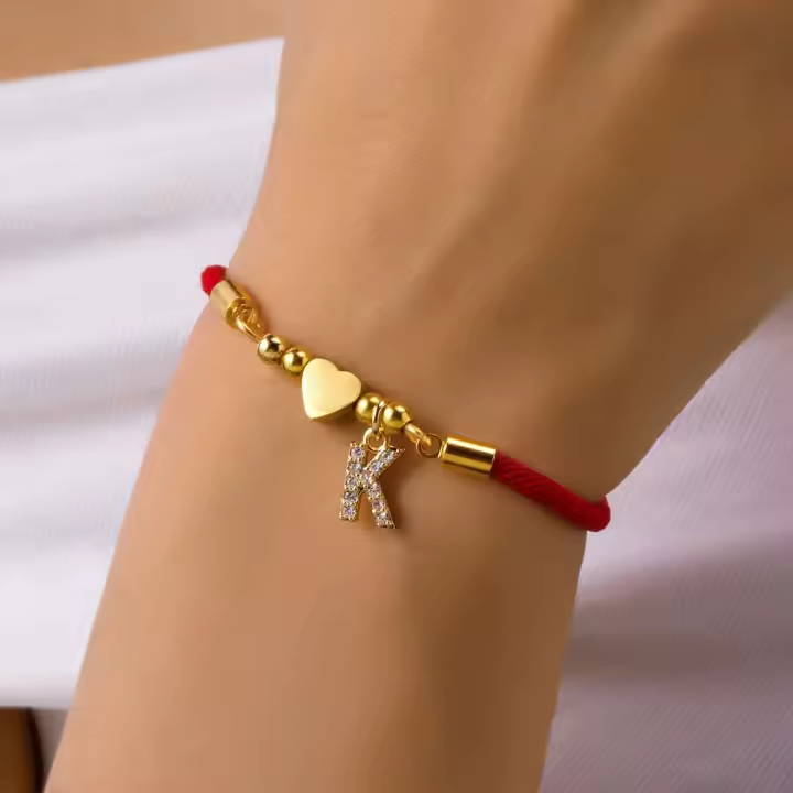 Pulsera de Corazón Inicial A-Z de Acero Inoxidable Color Oro Joyería de Encanto de Cuerda Ajustable de Rojo de la Suerte para Mujeres Regalo de Joyería - 1