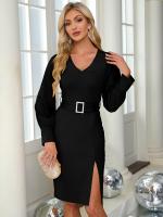 Vestido Ajustado Corset de Midi Línea A Cuello en V Manga Larga Diseño Curvy - details 15