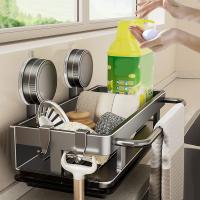 Soporte para esponja y plato con ventosa de aluminio espacial, estante de drenaje para fregadero impermeable sin perforaciones, a prueba de polvo con bandeja de agua - details 5