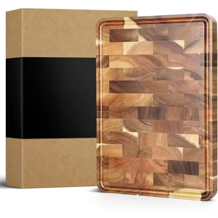 Tabla de Cortar de Madera de Acacia Hecha a Mano 35x25x2.6cm Asas Antideslizantes Ranura para Jugos - 1
