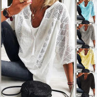 Blusa de Lino y Algodón para Mujer Cuello en V, Manga 3/4, Blusa Holgada Informal, Moda Diaria - details 5