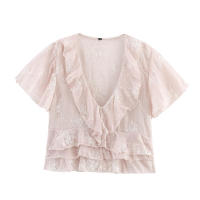 OUWU-2025, Nuevo Verano Elegante Rosa Manga Corta Camisa con Cuello en V - details 1