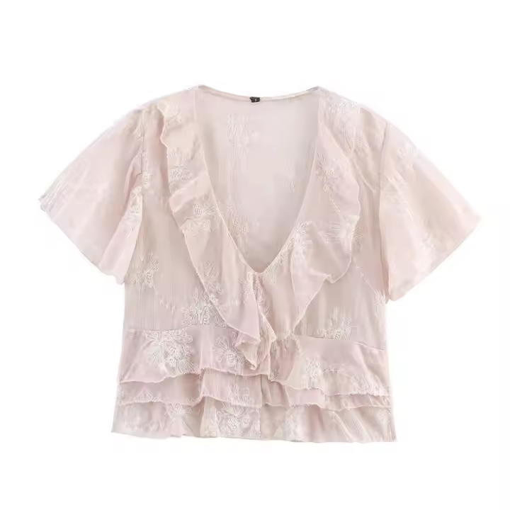 OUWU-2025, Nuevo Verano Elegante Rosa Manga Corta Camisa con Cuello en V - 1