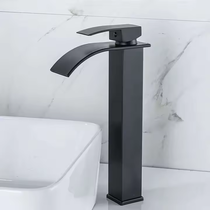 Grifo de lavabo de acero inoxidable de estilo alto en cascada negra, mezclador frío y caliente, grifos de fregadero, instalación en encimera - 1