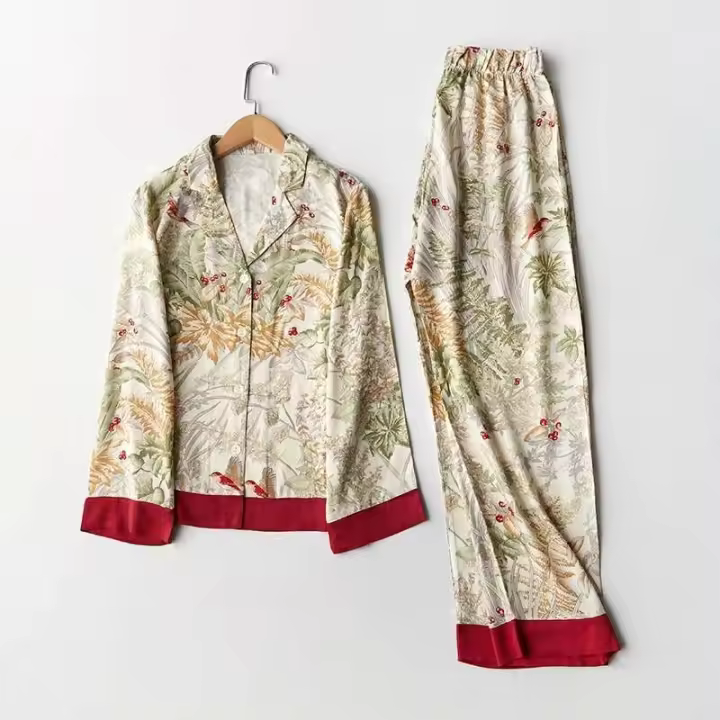 Conjunto de ropa de dormir de satén de manga larga para mujer, ropa de dormir con estampado de hierba verde, ropa informal con cuello trasero, novedad de primavera - 1